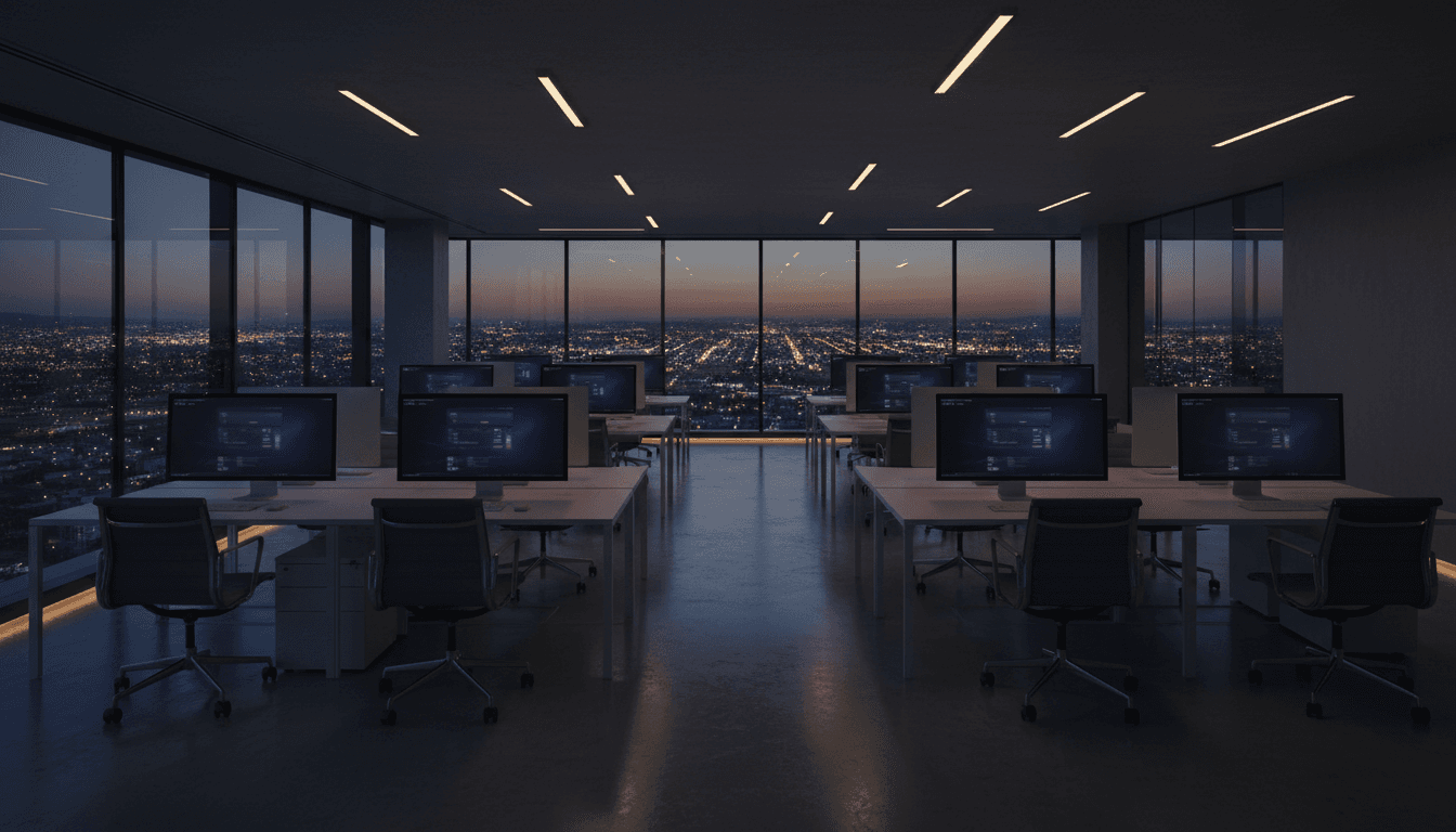 Modern office workspace at dusk with city lights