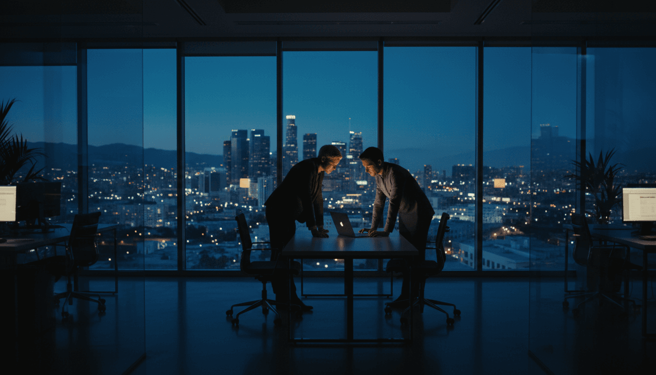 Two IT consultants reviewing a laptop in a modern Los Angeles office