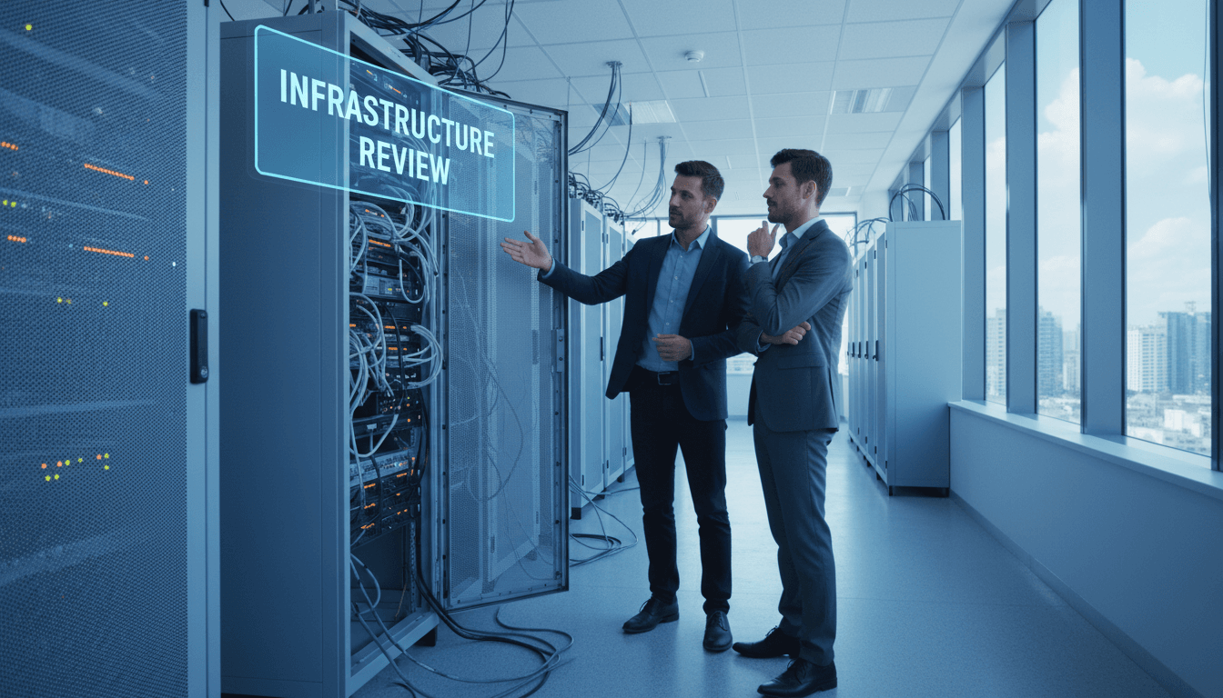IT consultant and client reviewing a server rack in a data center