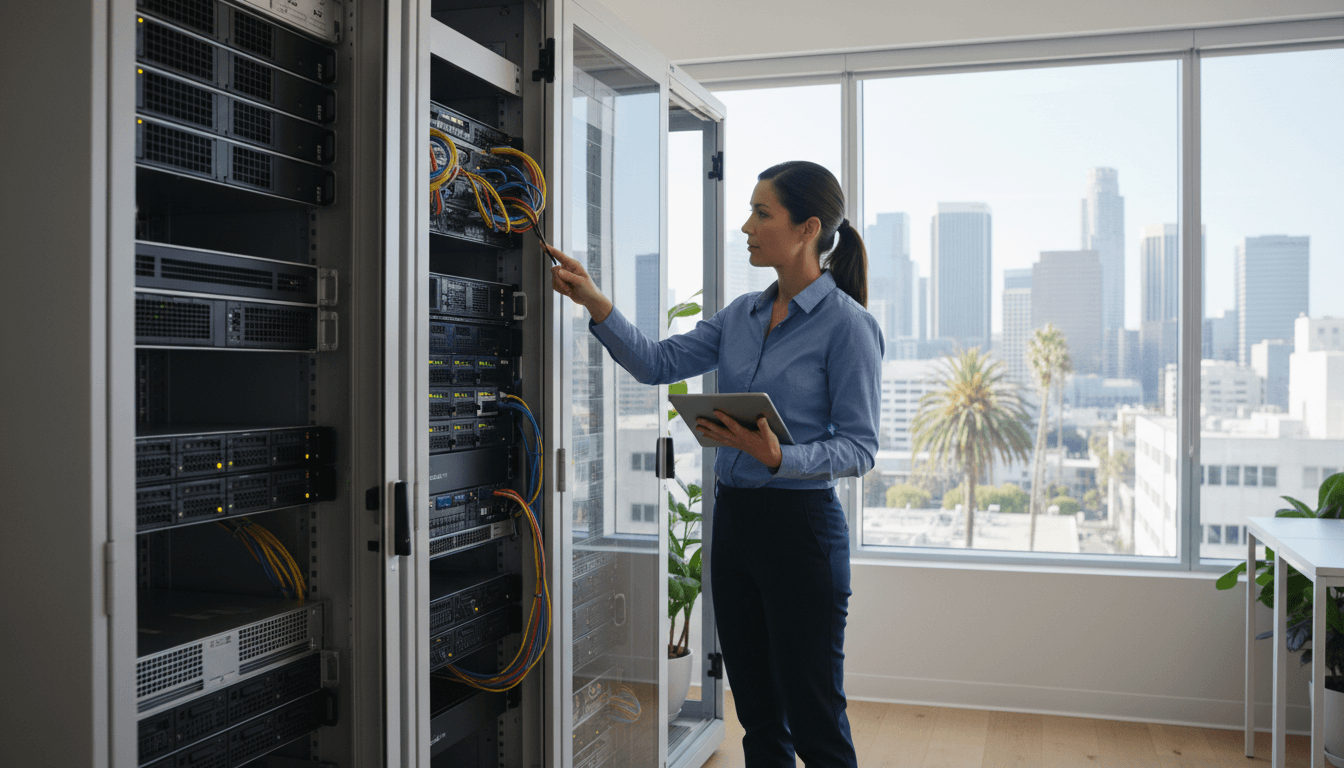 IT consultant reviewing server equipment in a Los Angeles office