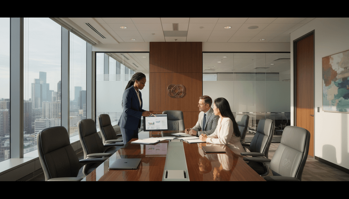IT consultant reviewing infrastructure plan with client in a bright Los Angeles office