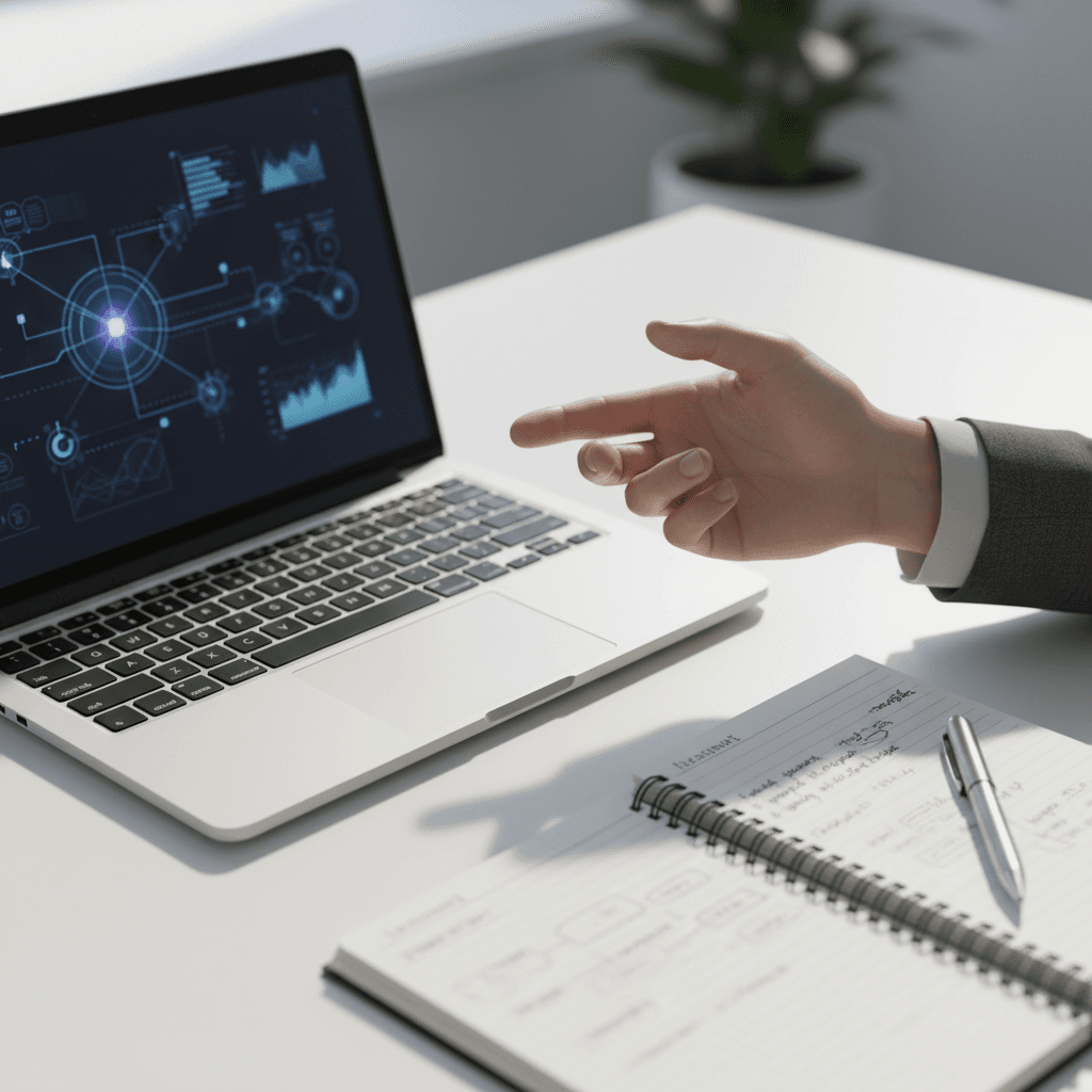 Desk with network diagram on a laptop and printed reports