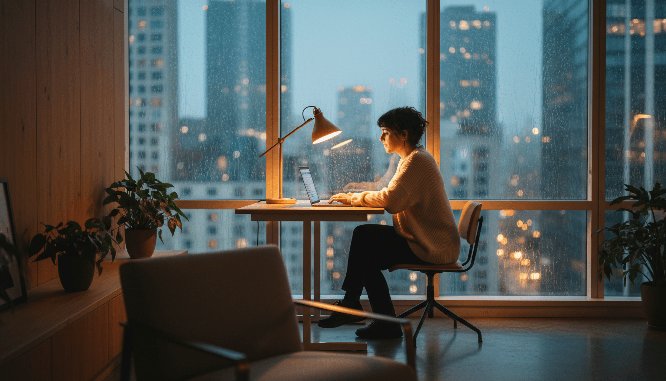 Consultant reviewing infrastructure plans in a dimly lit LA office at dusk