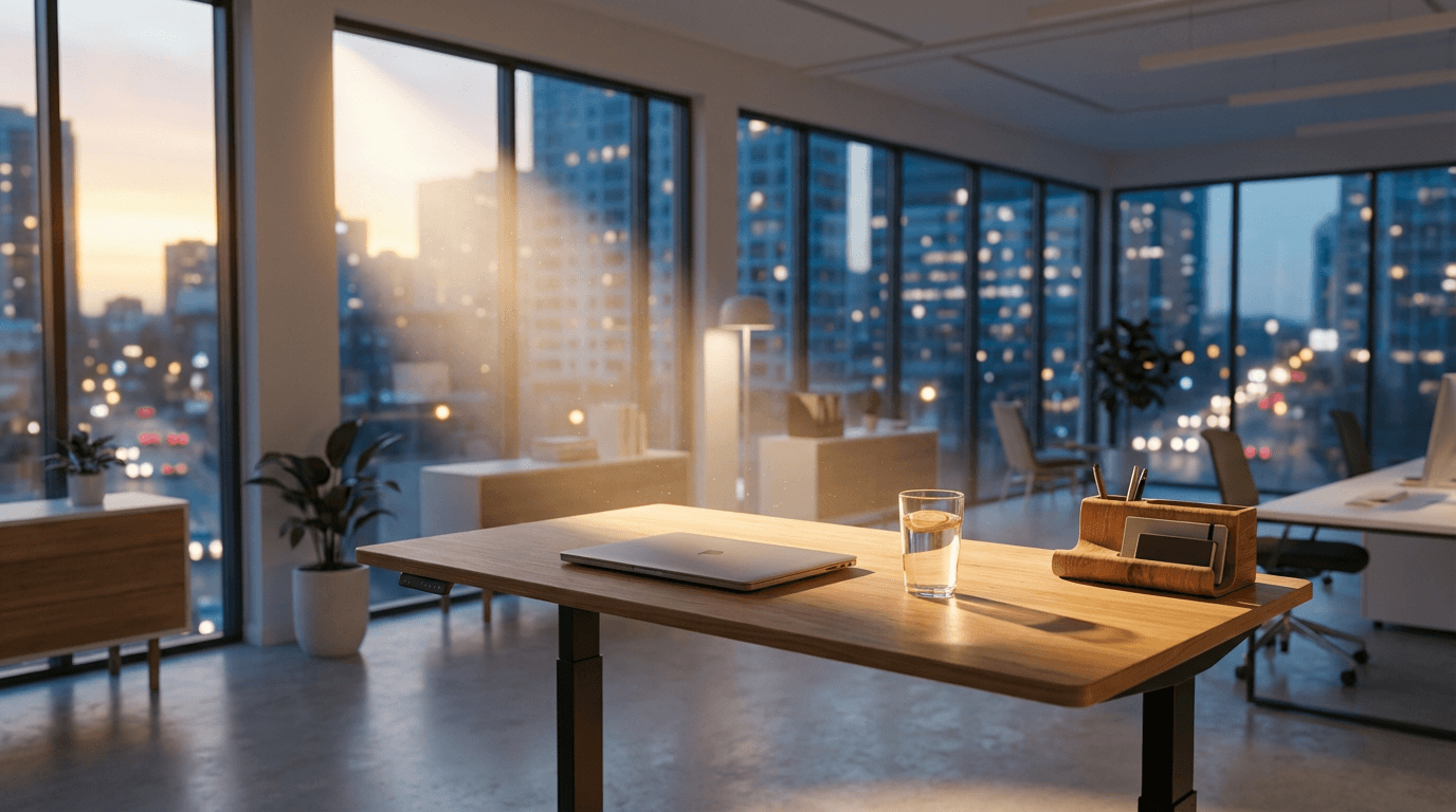 Modern office at dusk with city lights and a glowing laptop
