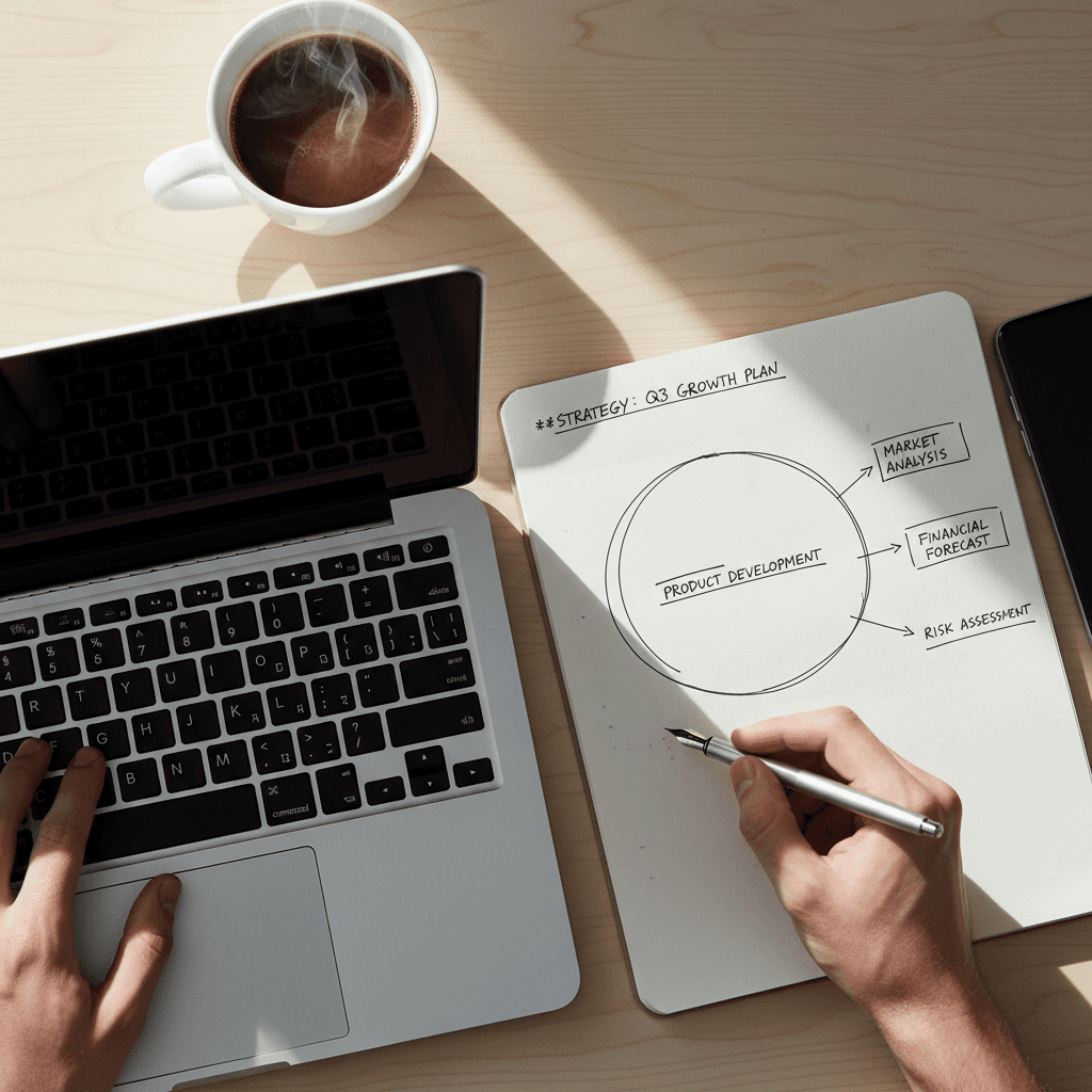 Consultant reviewing network diagrams on a laptop at a clean workspace
