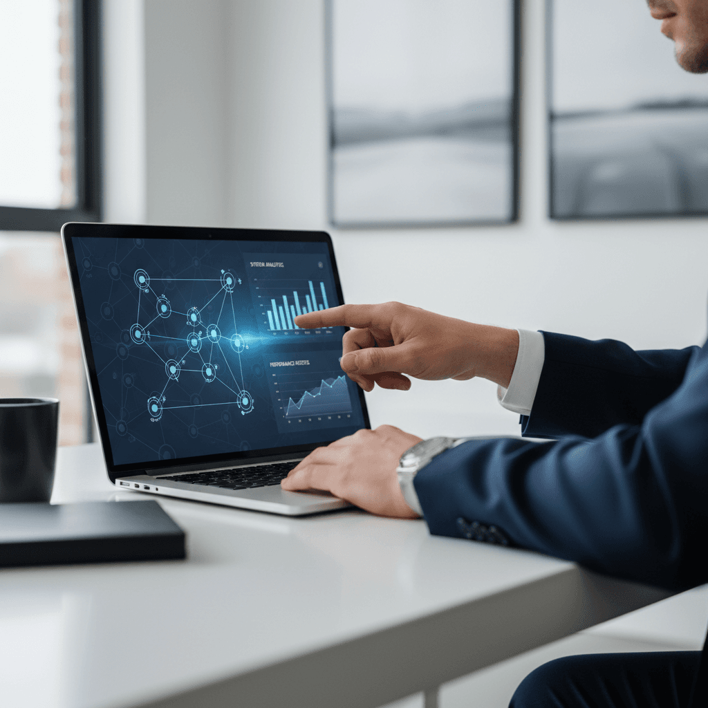 IT consultant in a Los Angeles office reviewing infrastructure diagrams on a monitor