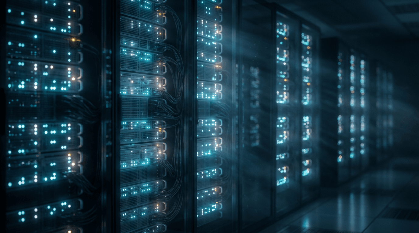 Close-up of a server rack with glowing status lights